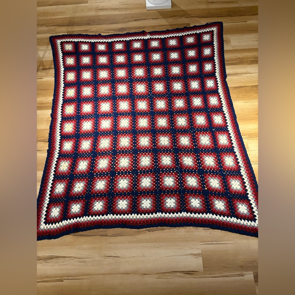 Navy, Maroon, Grey & White Handmade Grama Crochet Blanket